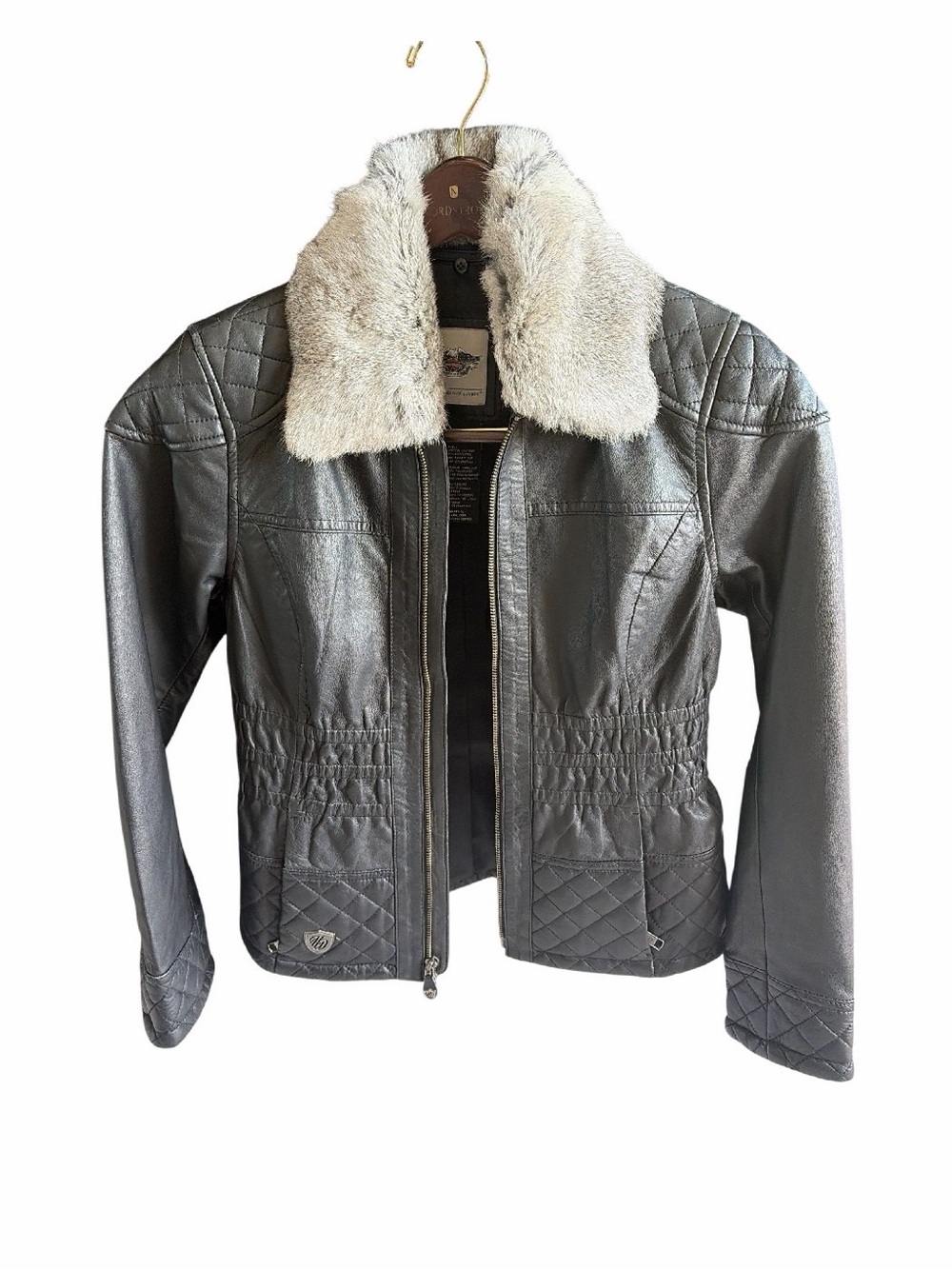 Women's Harley Davidson Quilted-Leather Jacket with removable fur Collar-Black
